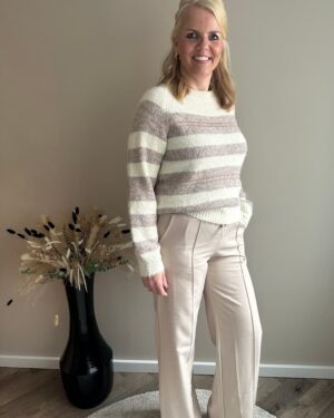 Wit-beige gestreepte trui van Emi-Jo met subtiele glitterdetails. Zacht, cosy en trendy – de perfecte knit voor herfst en winter.